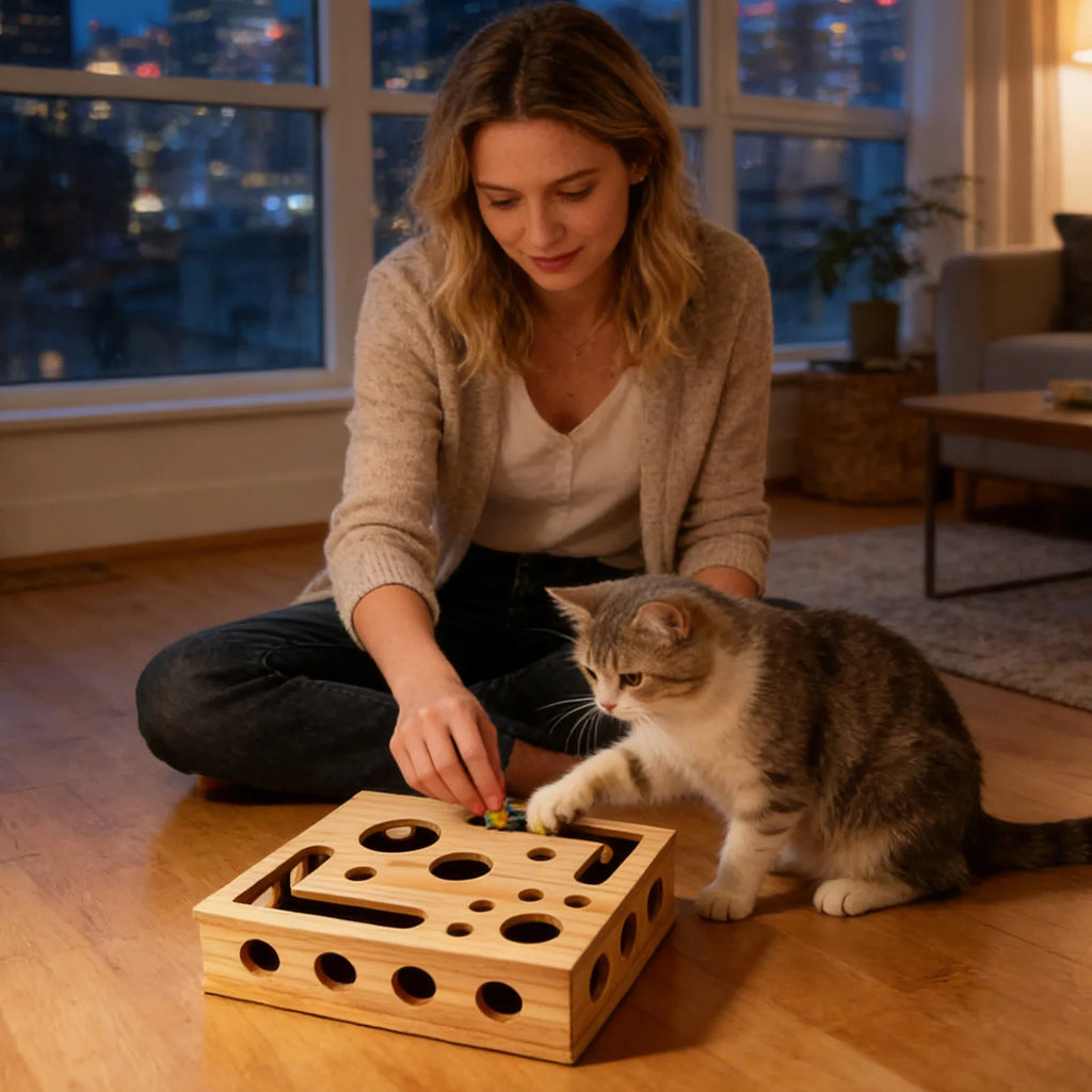 Interactive Frosted Wooden Cat Maze Toy Pet Treat Dispenser Puzzle Box Cat Enrichment Plaything Kitten Foraging Game Feeder