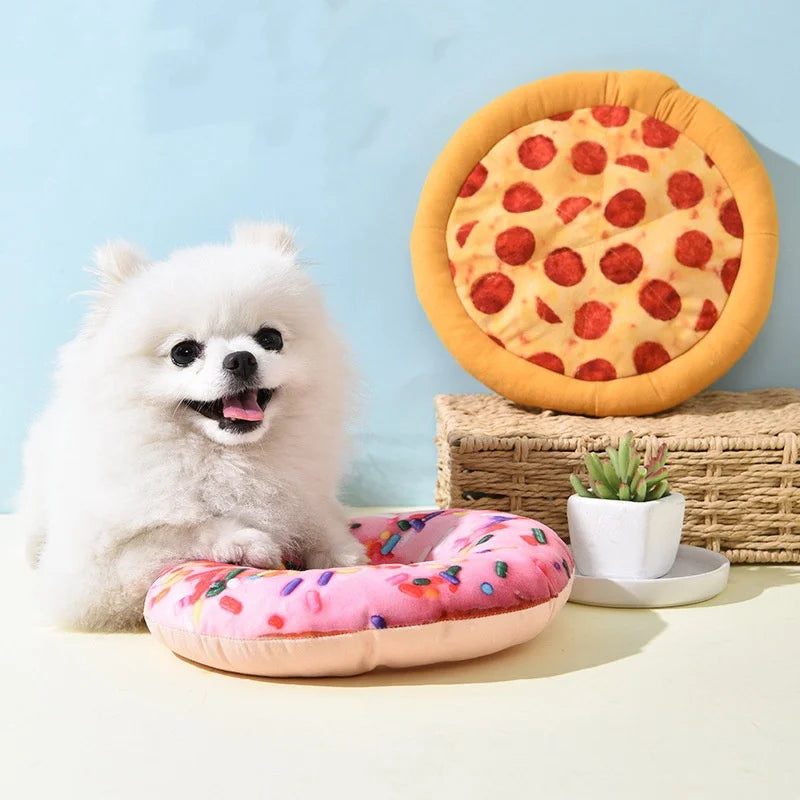 Pizza Shape Pet Squeaky Toy, also donut and shrimp looking toys