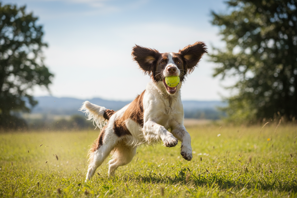 Brown and white springer spaniel catching a ball